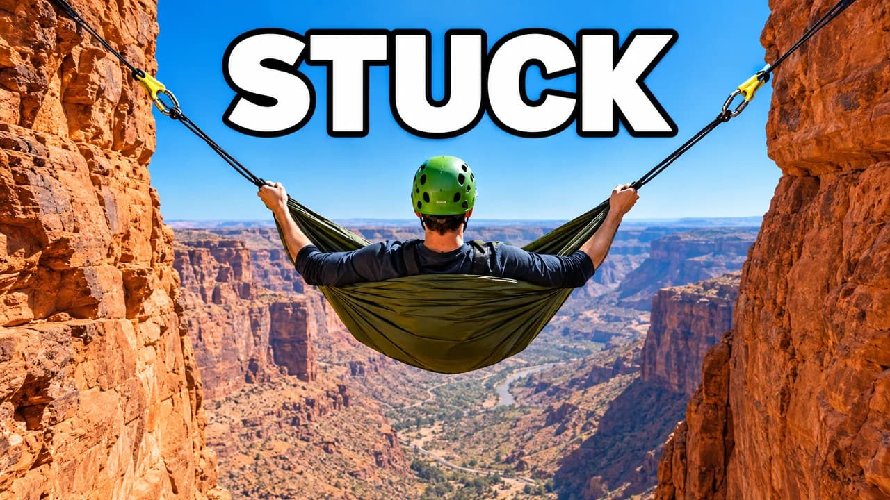 MrBeast-style survival thumbnail: a man in a hammock dead centre on a sheer orange cliff, the word STUCK above him