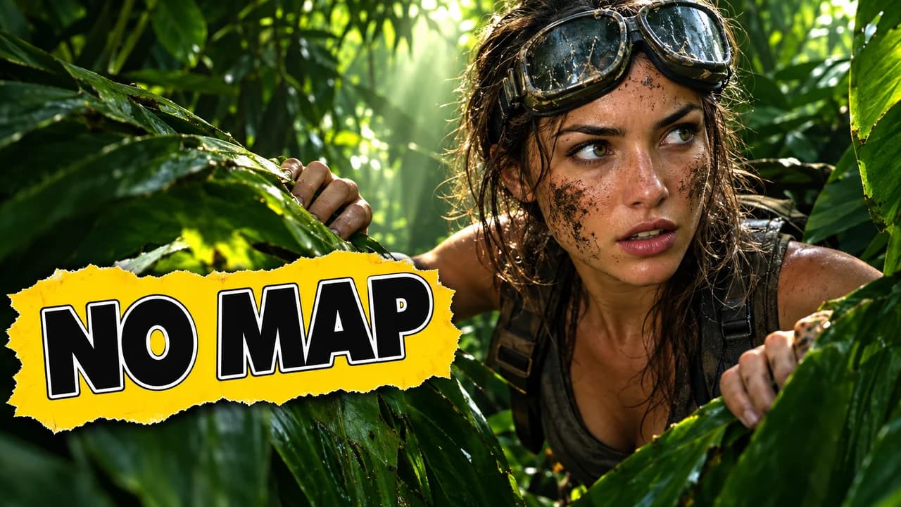 MrBeast-style survival thumbnail: a woman with goggles and mud on her face pushing through jungle leaves, text NO MAP on a torn paper sticker