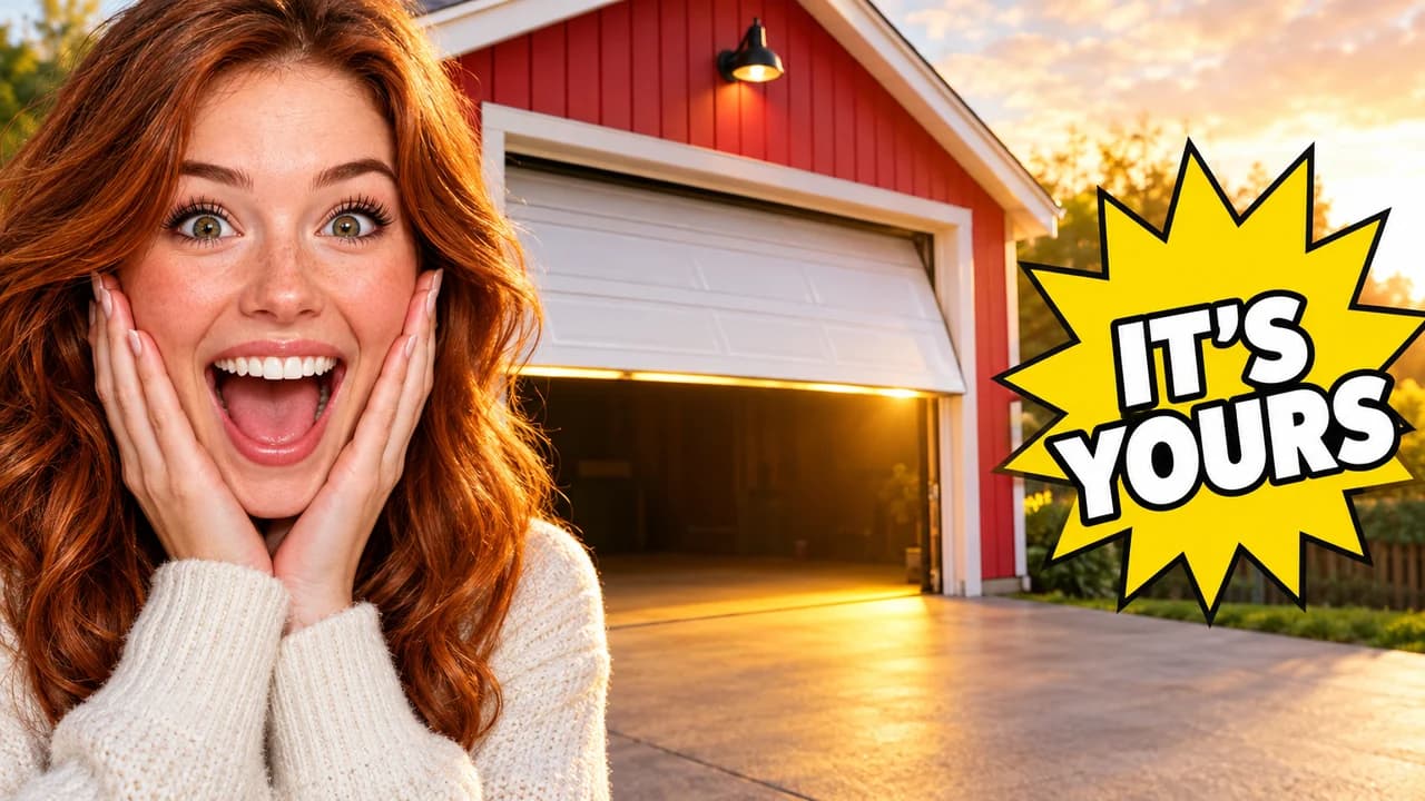 MrBeast-style reveal thumbnail: a woman screaming with joy as a garage door opens on a small red house, text IT'S YOURS in a gold starburst