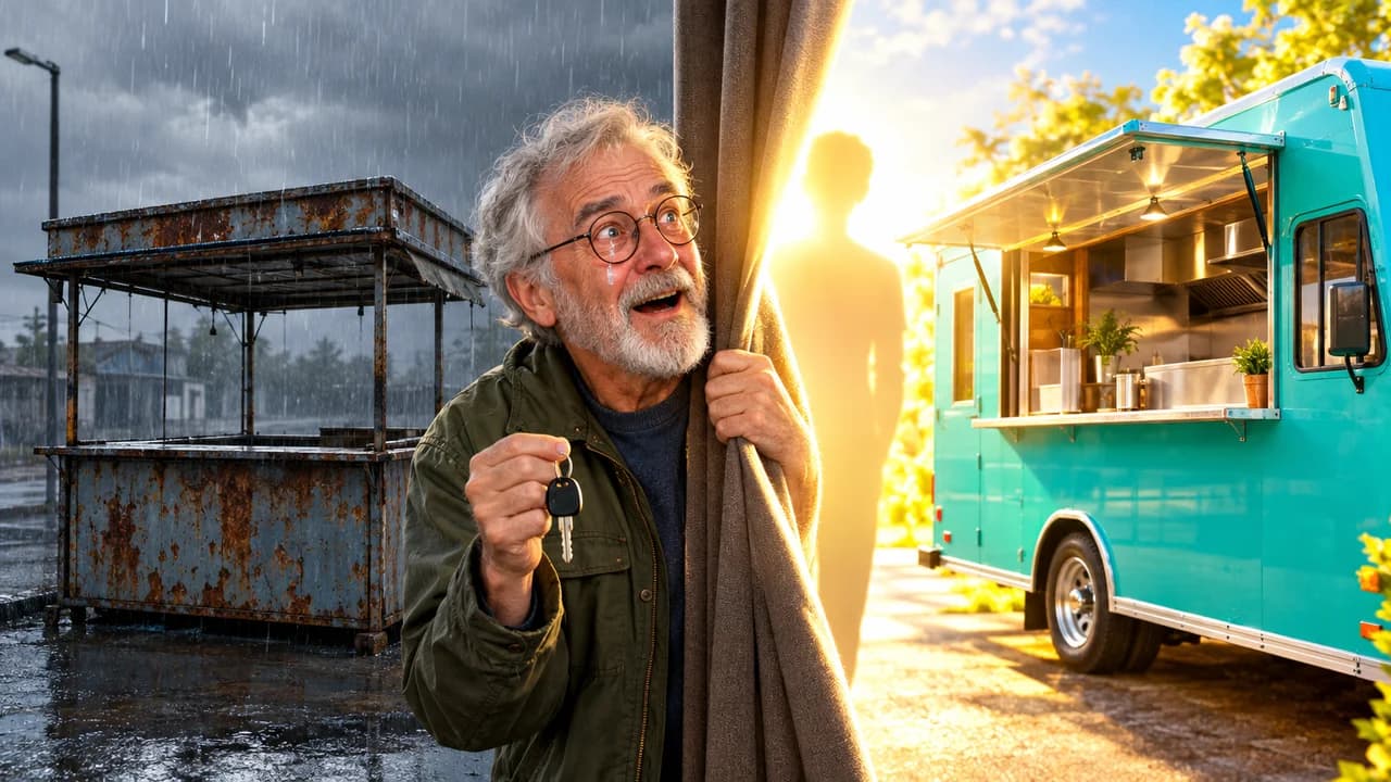 MrBeast-style reveal thumbnail: before and after split of a rusty stall and a new teal food truck, an older man crying with joy, no text