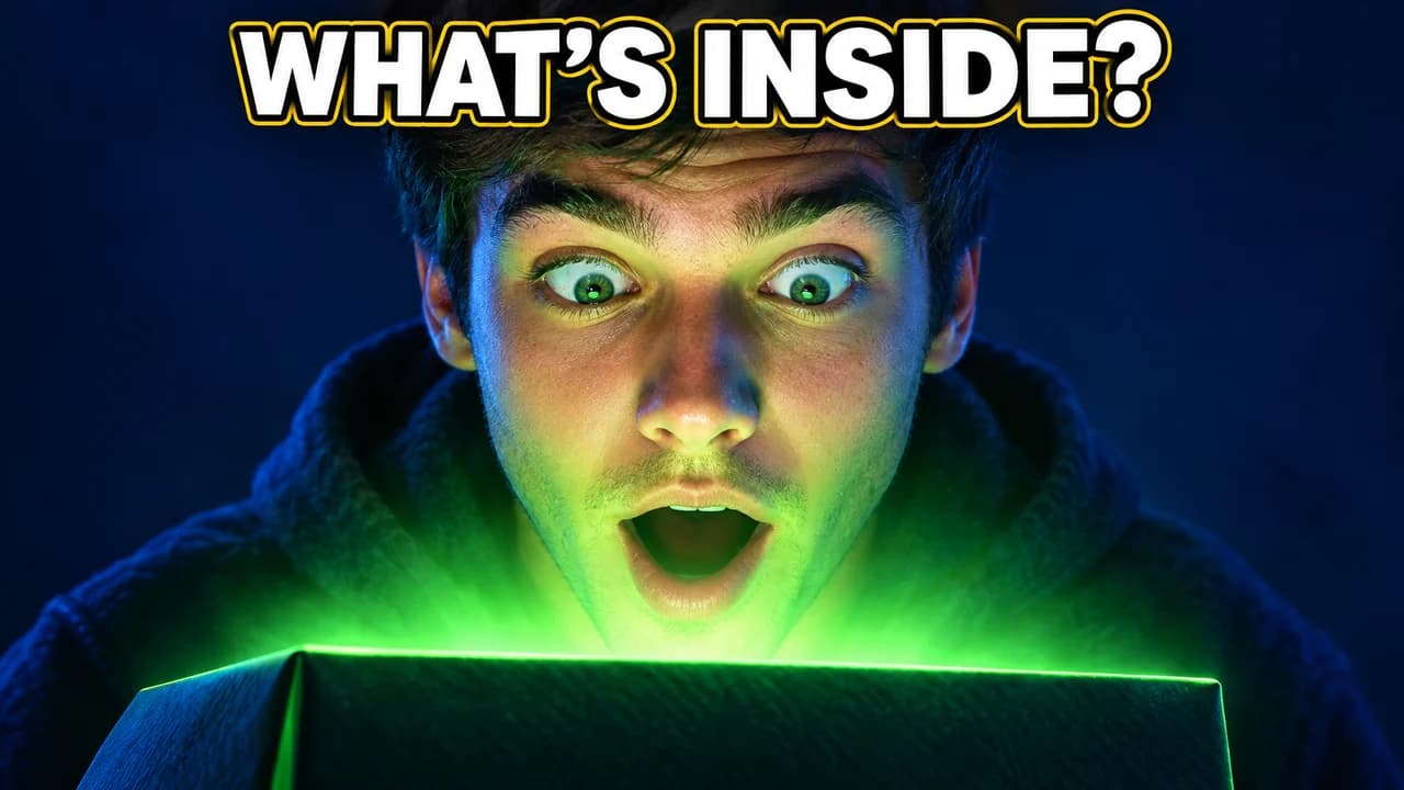 MrBeast-style reveal thumbnail: extreme close-up of a young man's amazed face lit green from a gift box below, small text WHAT'S INSIDE