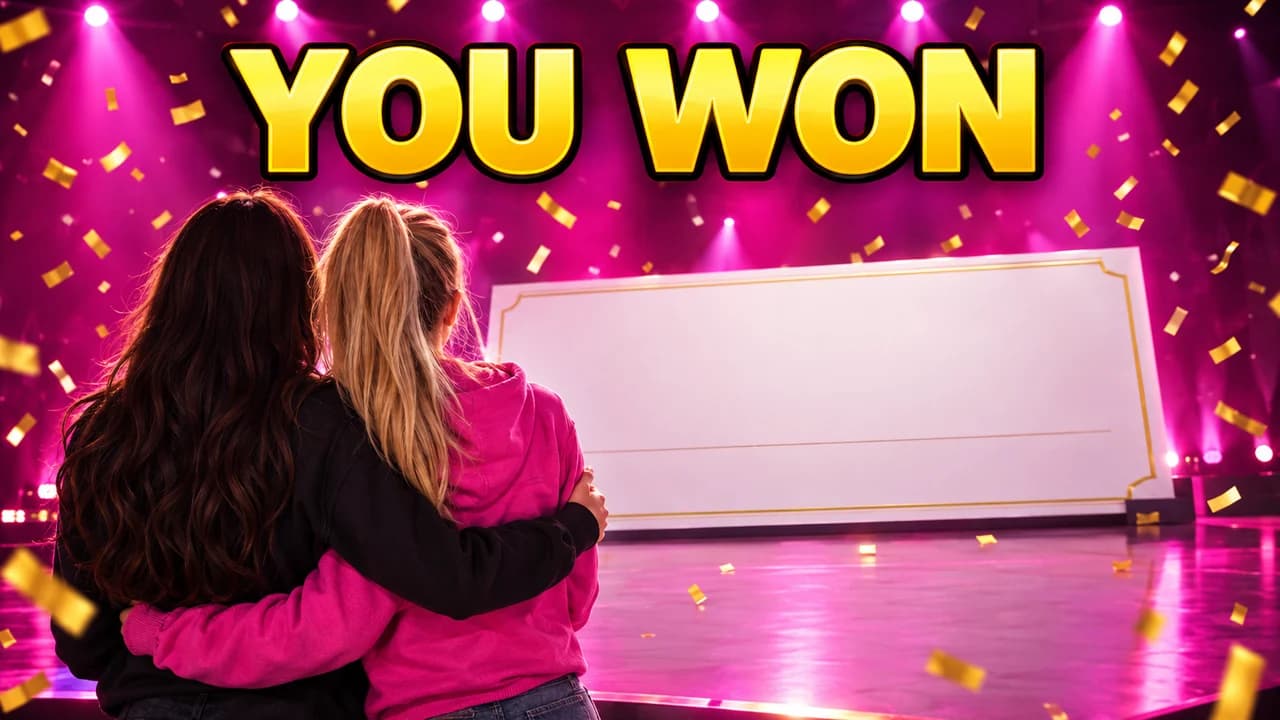 MrBeast-style reveal thumbnail: over-the-shoulder view of two women hugging in front of a giant blank cheque on a stage, text YOU WON