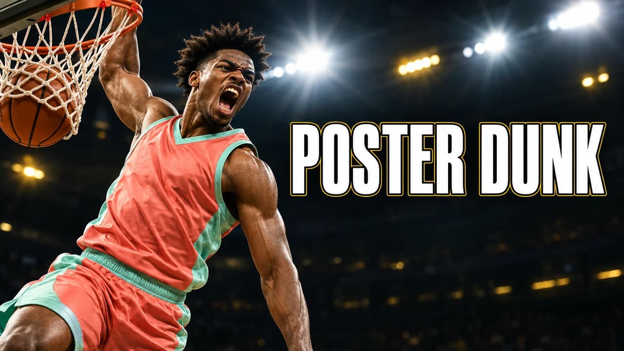 NBA-style highlight thumbnail: an invented athlete in a coral and mint jersey dunking under flaring arena lights, text POSTER DUNK