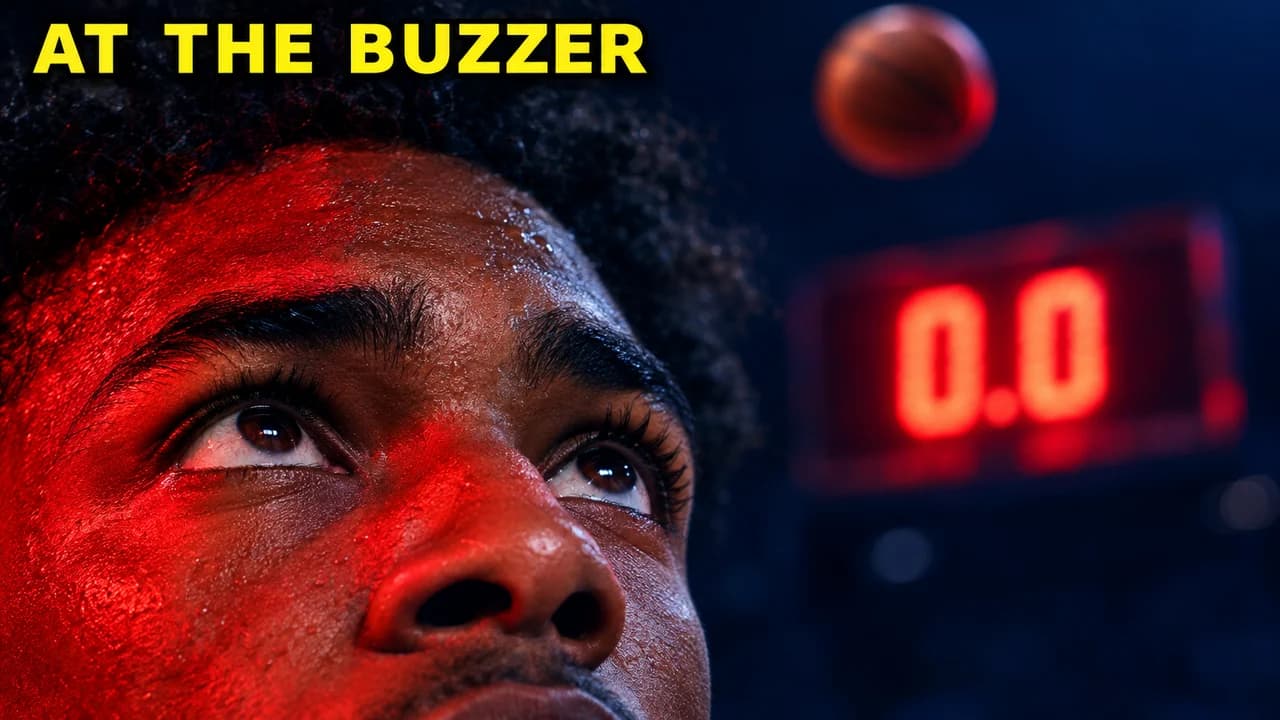 Basketball highlight thumbnail: extreme close-up of a shooter's eyes lit red by a countdown reading 0.0, small text AT THE BUZZER