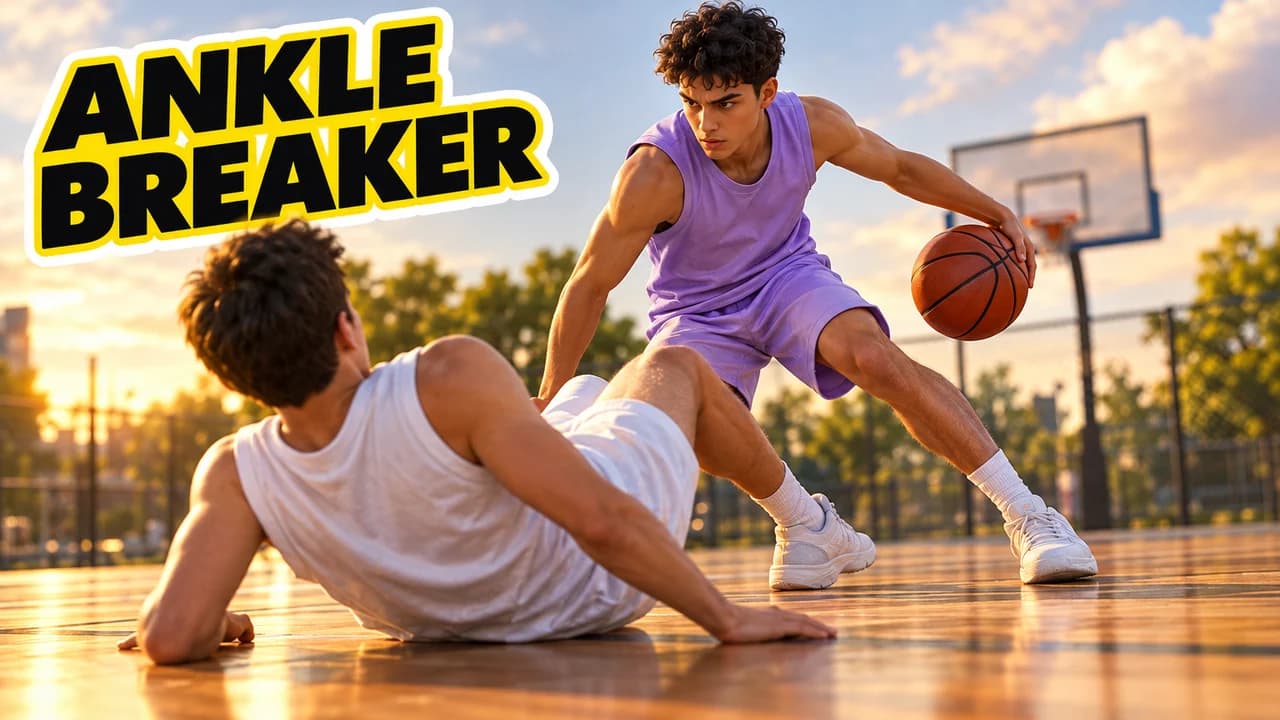 Basketball highlight thumbnail: low-angle floor shot of a guard crossing over as a defender falls back, text ANKLE BREAKER on a sticker