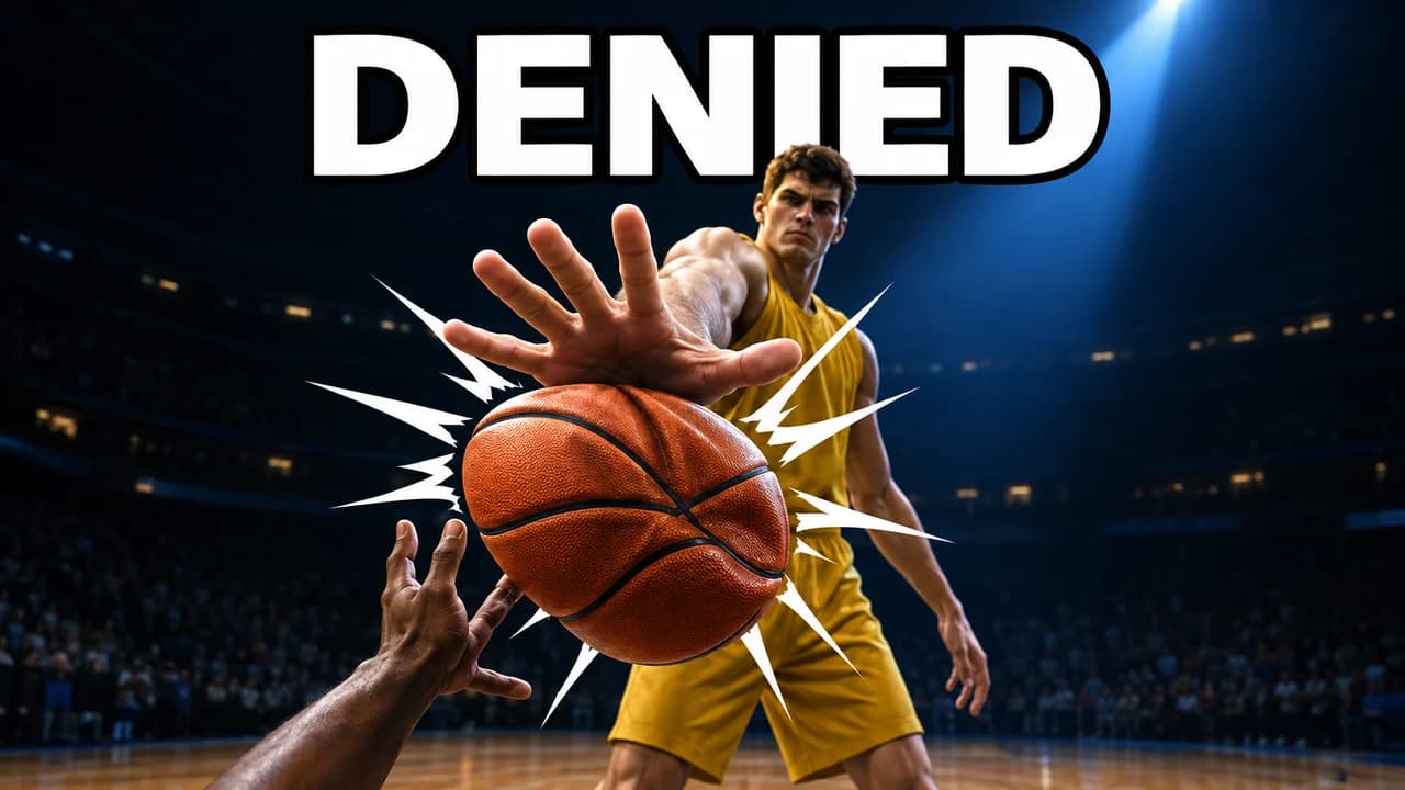 Basketball highlight thumbnail: a huge hand swatting the ball dead centre with impact lines under a blue spotlight, the word DENIED above