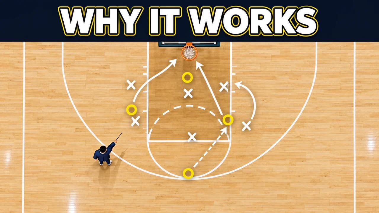 Basketball breakdown thumbnail: top-down half court with telestrator arrows and X and O marks, a tiny analyst pointing, text WHY IT WORKS