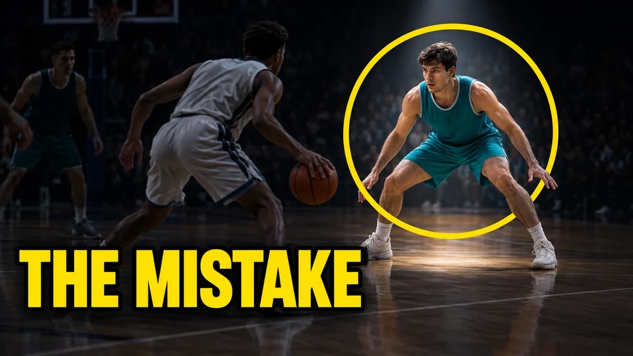 Basketball breakdown thumbnail: one defender spotlit and circled in yellow on a darkened freeze-frame, text THE MISTAKE