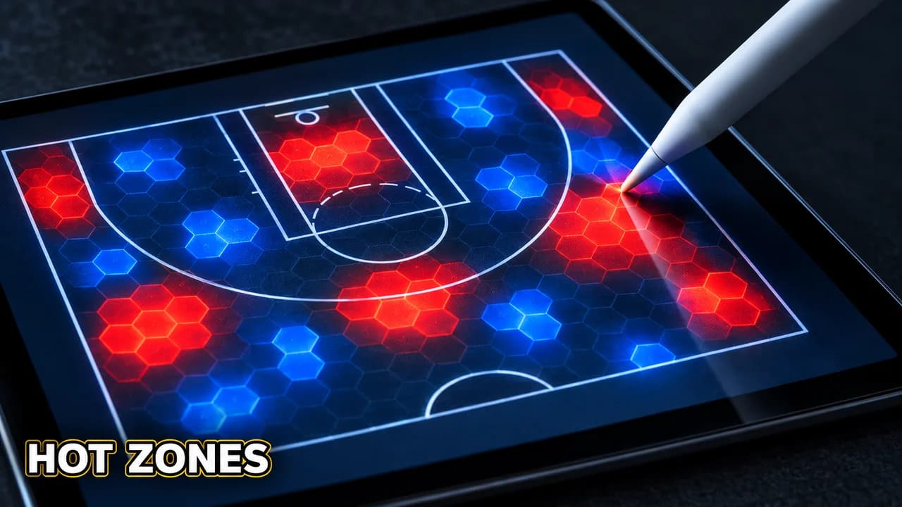 Basketball analysis thumbnail: extreme close-up of a stylus on a tablet shot chart with red and blue zones, small text HOT ZONES
