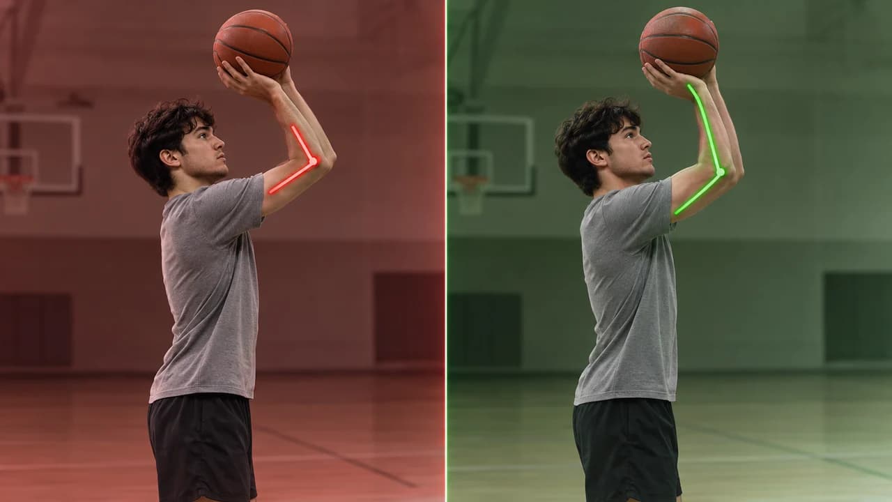Basketball breakdown thumbnail: before and after split of one player's jump shot, red crooked angle line and green straight line, no text