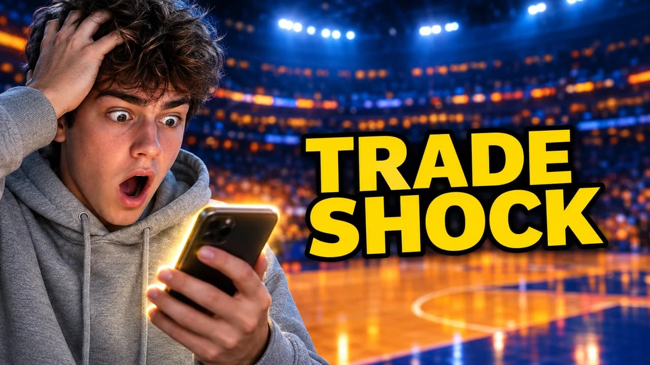 Basketball reaction thumbnail: a young creator in a hoodie with hands on head and jaw dropped, blurred arena behind, text TRADE SHOCK