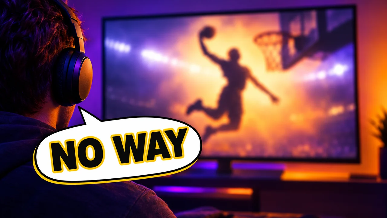 Basketball reaction thumbnail: over-the-shoulder view past a creator's headphones toward a screen with a blurred dunk, text NO WAY in a speech bubble