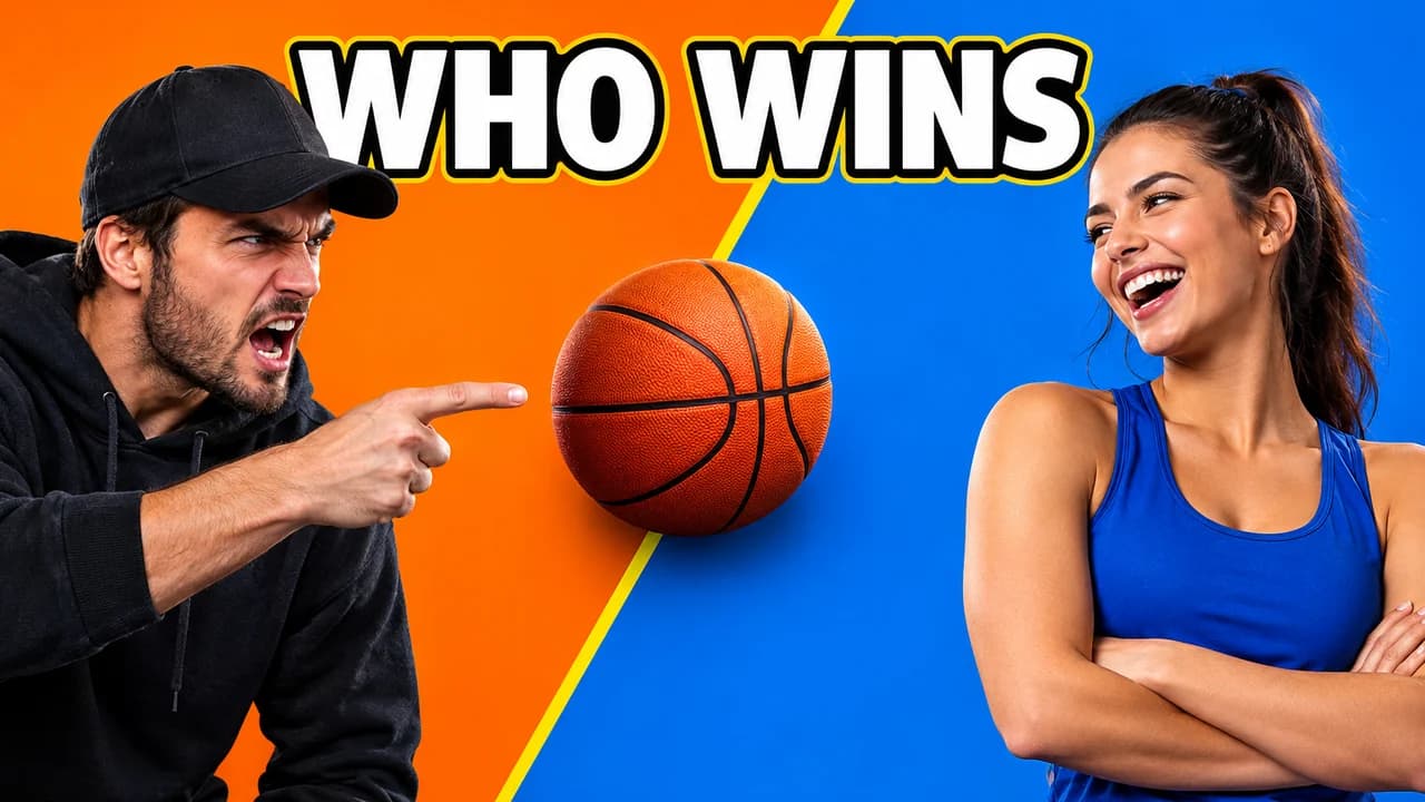 Basketball debate thumbnail: two creators arguing across a diagonal orange and blue split, a ball on the line, text WHO WINS