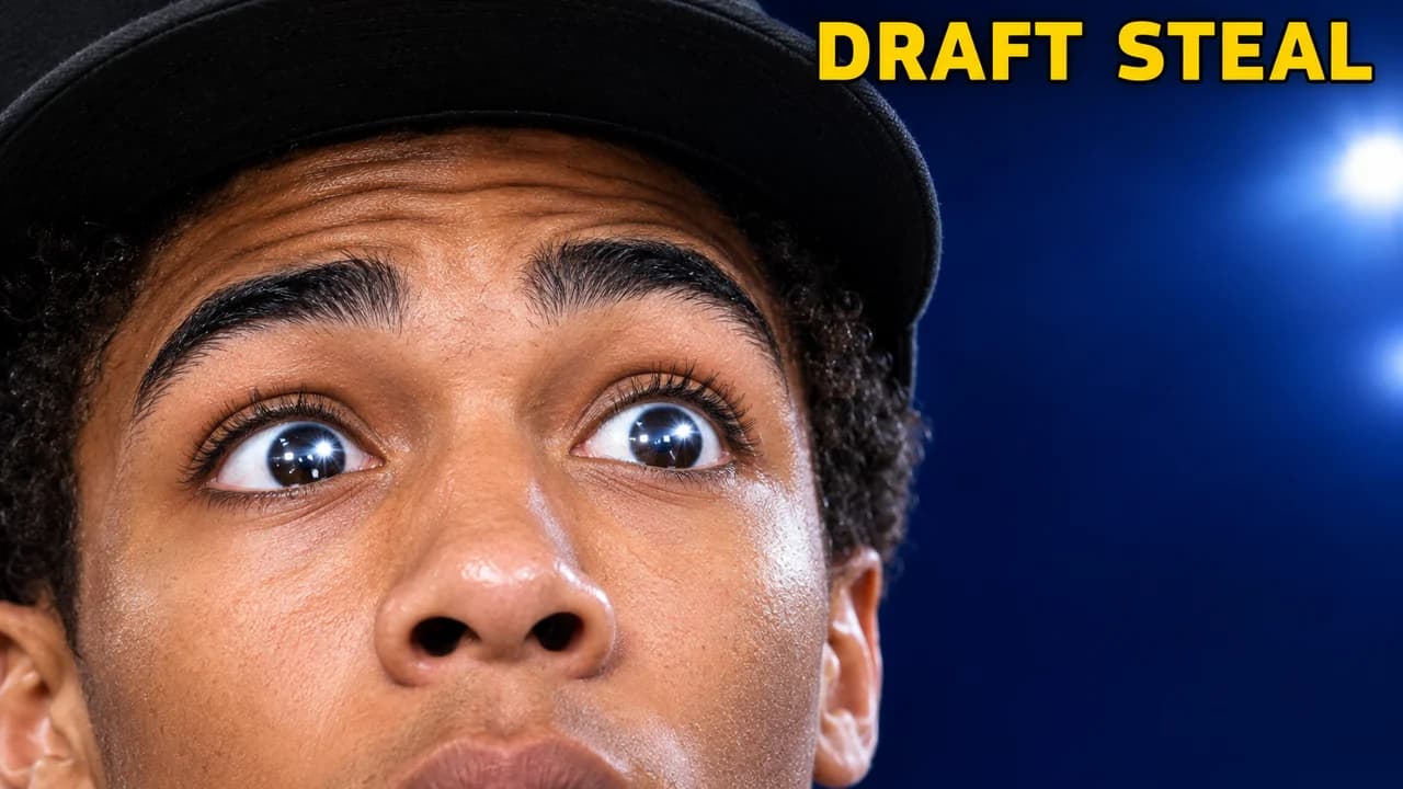 Basketball draft thumbnail: extreme close-up of a surprised young prospect with camera flashes in his eyes, small gold text DRAFT STEAL
