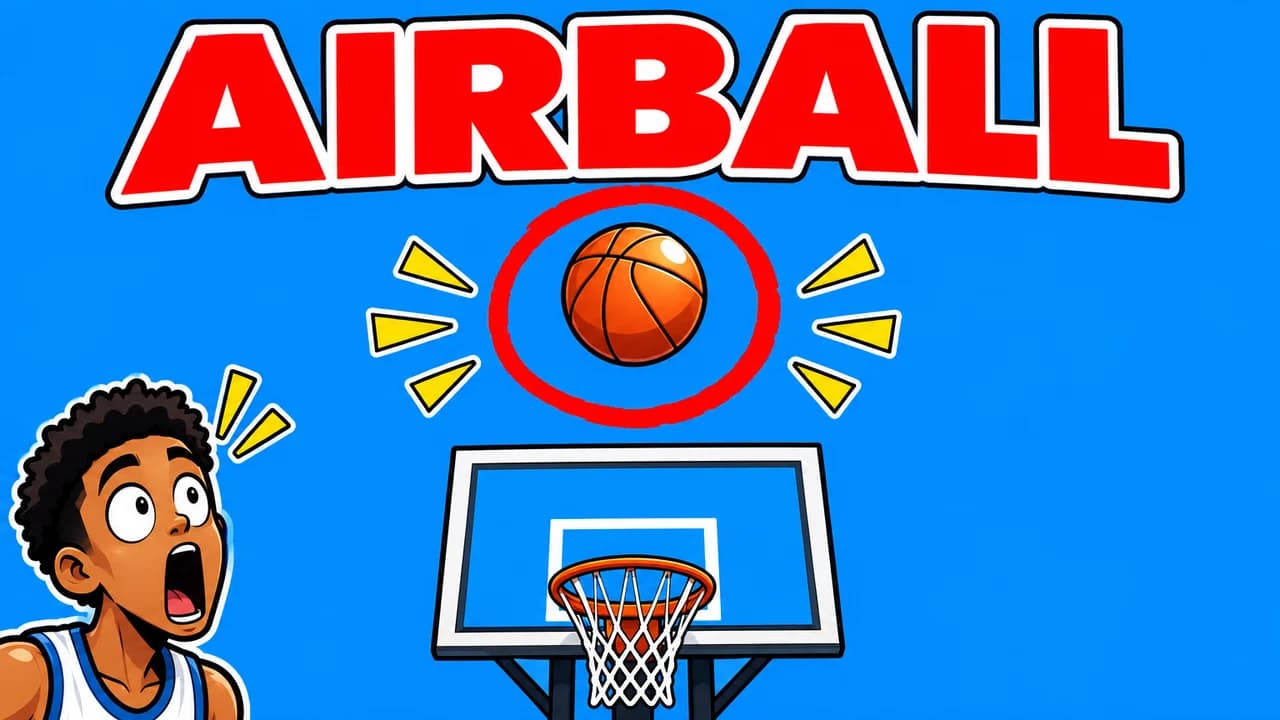 Basketball meme thumbnail: the ball dead centre flying over the backboard, circled in red, a tiny shocked face below, the word AIRBALL above