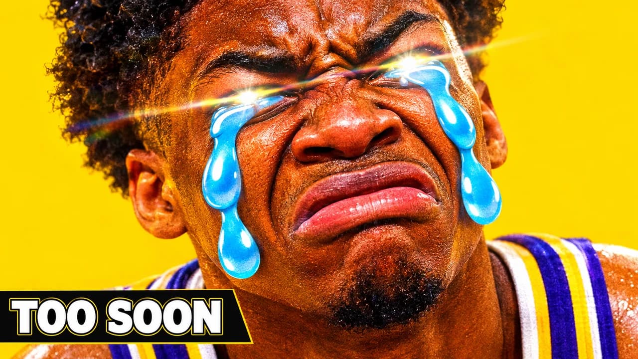 Basketball meme thumbnail: extreme close-up of an invented player with cartoon tears under a deep-fried filter, small text TOO SOON
