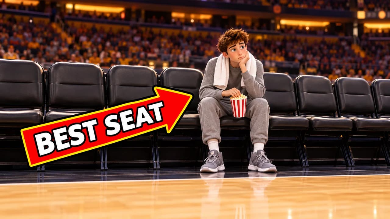 Basketball meme thumbnail: wide courtside shot of a long bench with one tiny bored player eating popcorn, text BEST SEAT in a red arrow