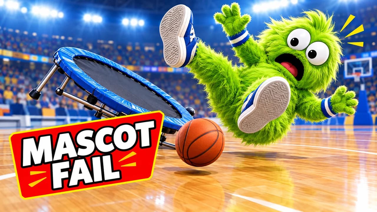 Basketball meme thumbnail: a furry lime-green mascot slipping with legs in the air next to a tipped trampoline, text MASCOT FAIL on a sticker