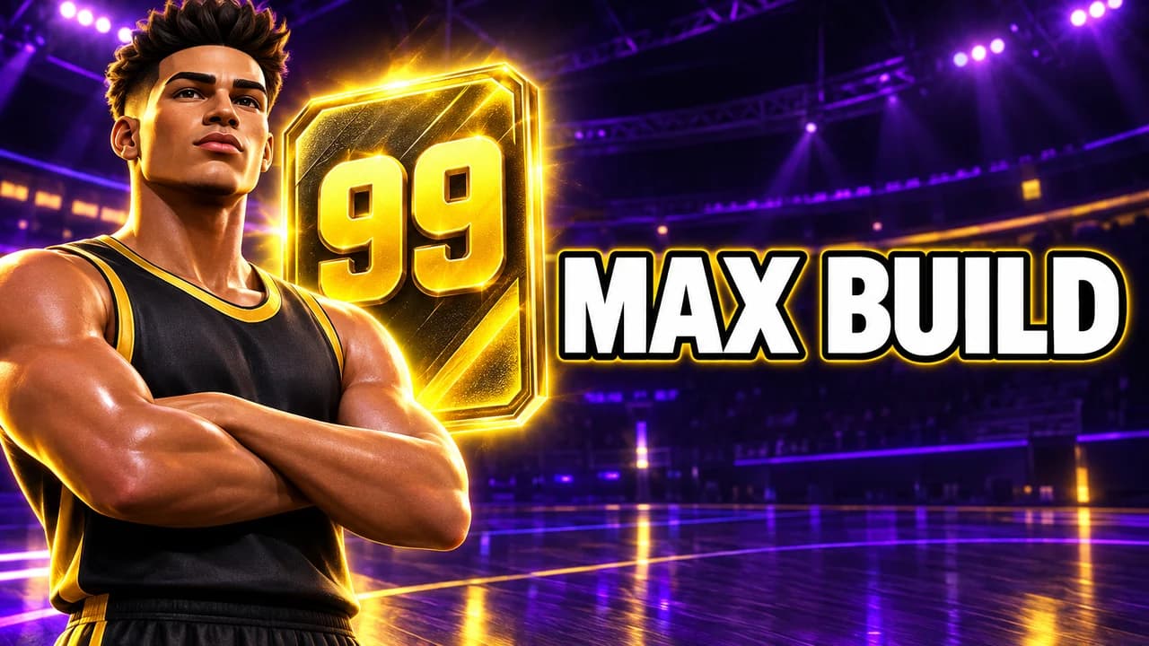 Basketball video game thumbnail: a 3D avatar with arms crossed beside a glowing gold rating card showing 99, text MAX BUILD