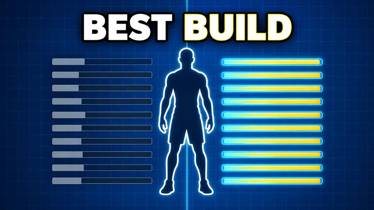Basketball video game thumbnail: split of dull short attribute bars and full glowing bars, an avatar silhouette on the divider, text BEST BUILD