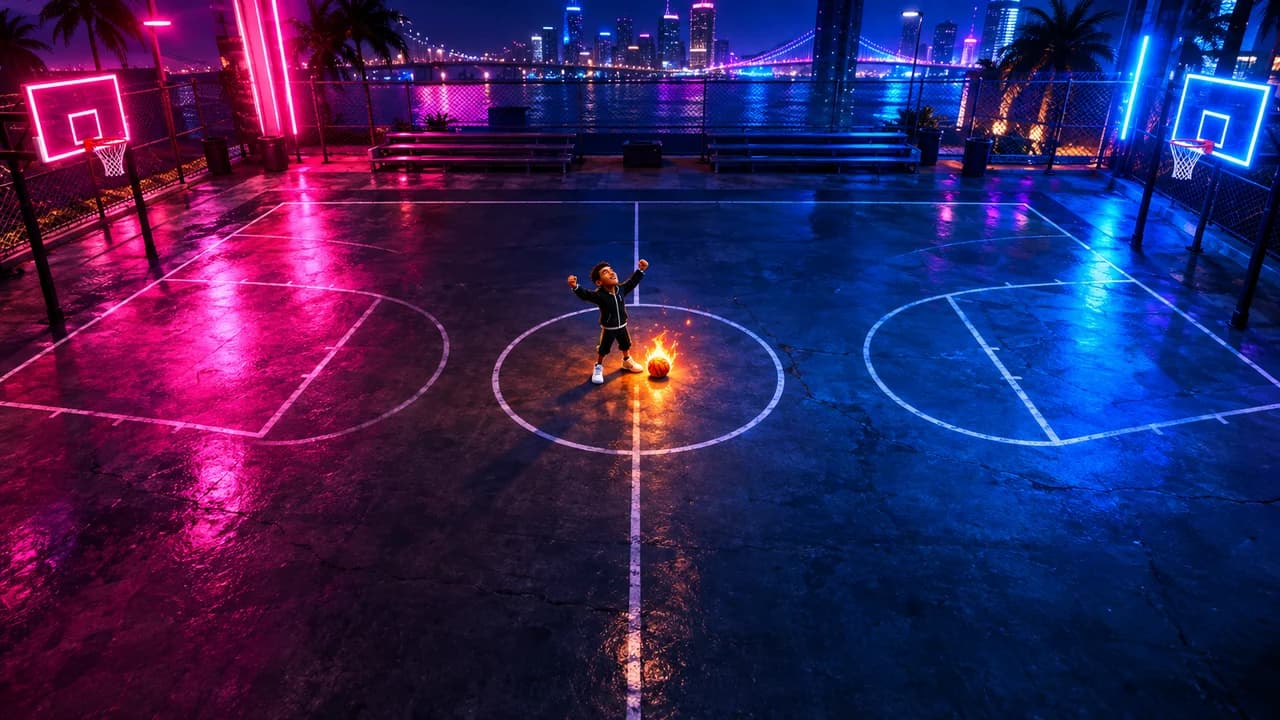 Basketball video game thumbnail: wide high-angle view of a neon street court at night, a tiny avatar celebrating by a flaming ball, no text