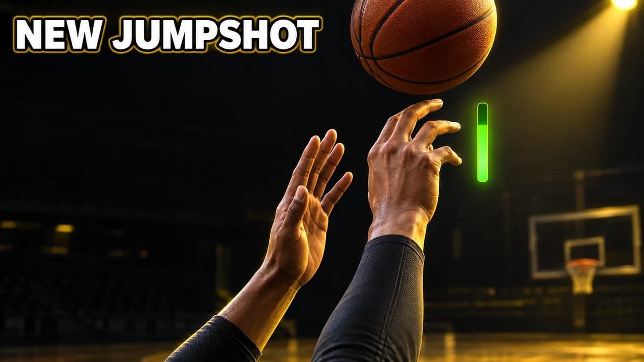Basketball video game thumbnail: extreme close-up of an avatar's hands releasing the ball beside a green timing bar, small text NEW JUMPSHOT
