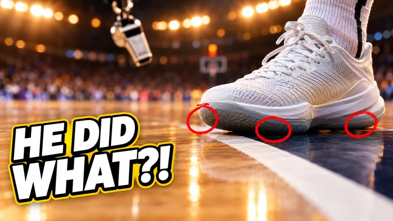 NBA meme-style thumbnail: an invented player's white sneaker on a court line with three red circles under it, a whistle in the air, text HE DID WHAT?!