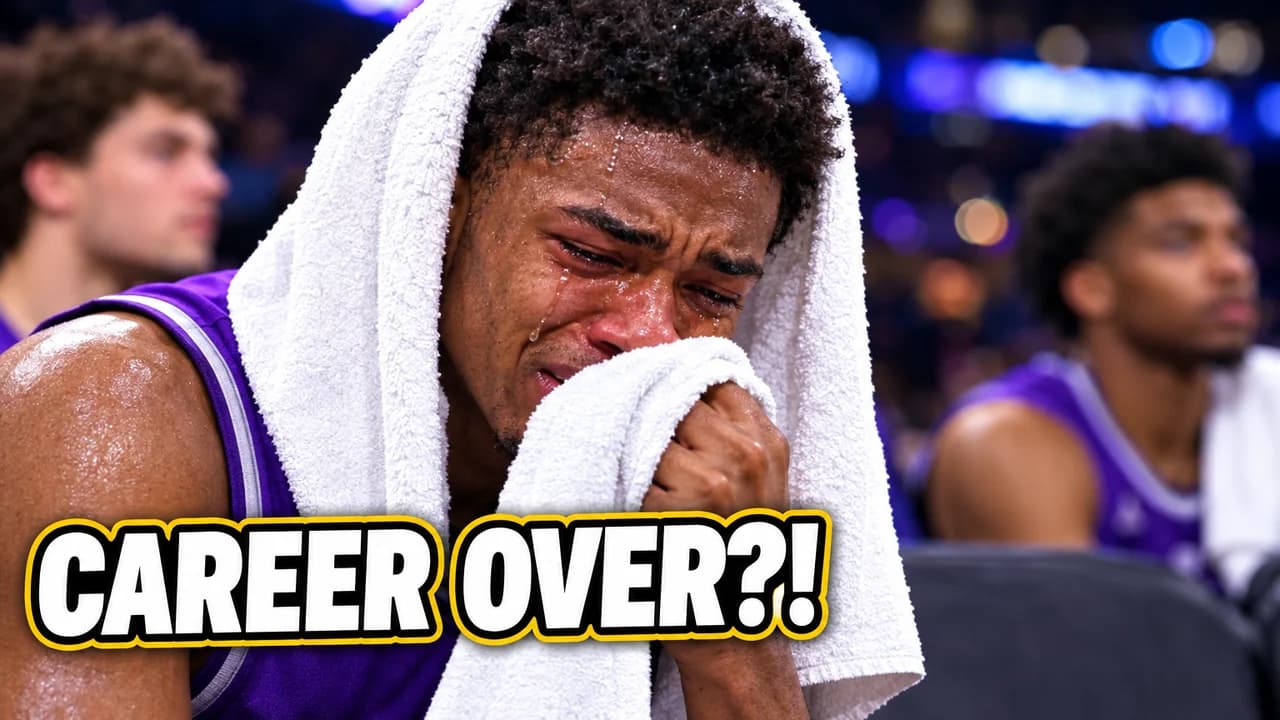 NBA meme-style thumbnail: an invented player in purple crying into a towel on the bench, teammates behind, text CAREER OVER?!