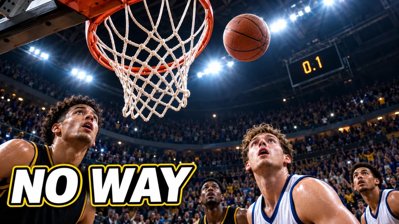 NBA meme-style thumbnail: a ball in mid-air by the rim in a packed arena, scoreboard at 0.1, players looking up, text NO WAY