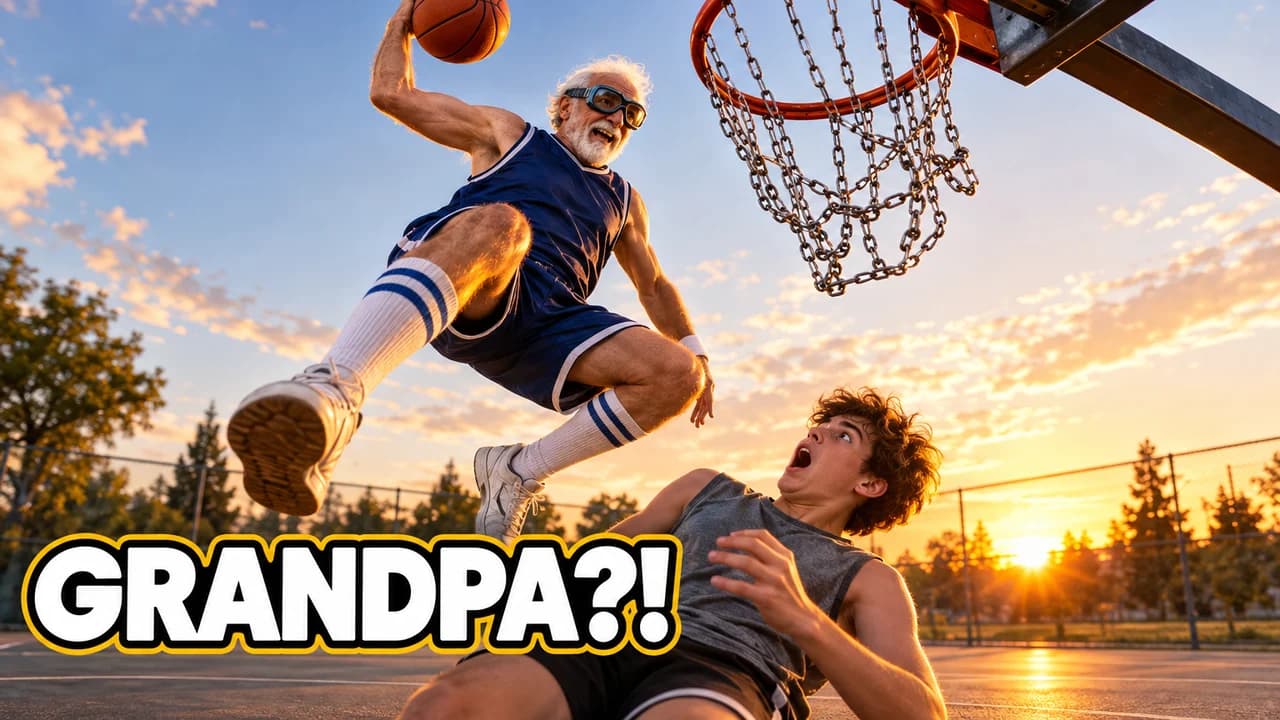 NBA meme-style thumbnail: an old man in goggles and knee socks dunking over a shocked teenager on a playground court at sunset, text GRANDPA?!