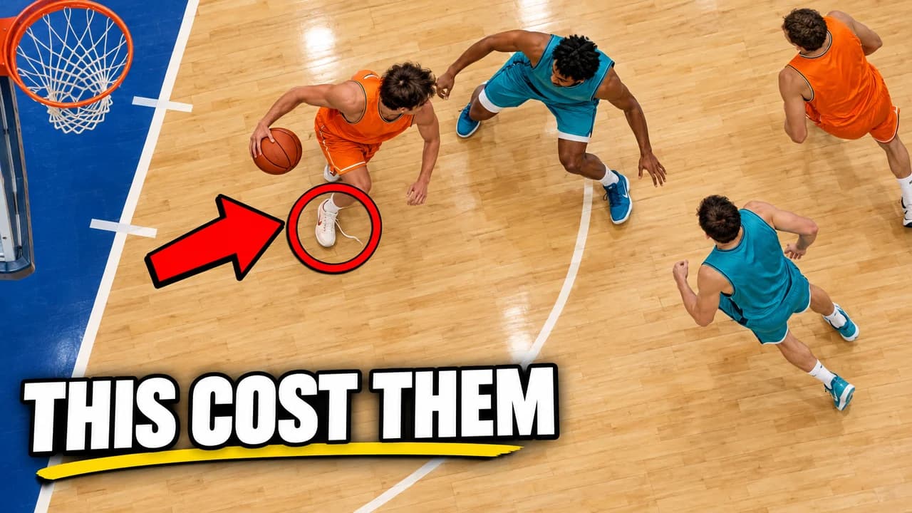 NBA meme-style thumbnail: top-down view of a court with an untied shoelace circled in red and an arrow, text THIS COST THEM