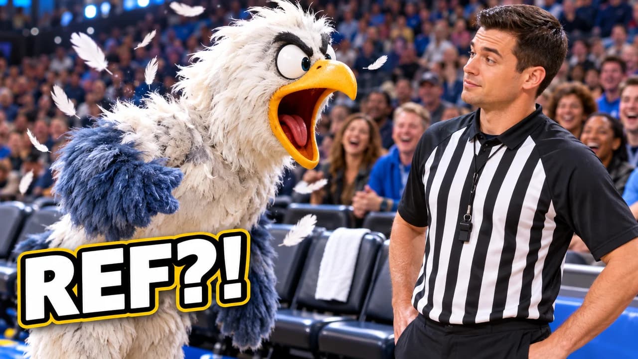 NBA meme-style thumbnail: a mascot in a giant bird costume screaming at a referee, text REF?!