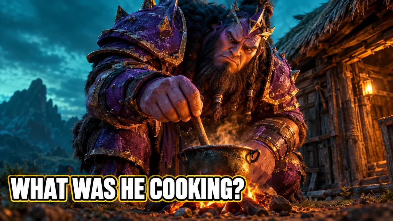 New Rockstars-style thumbnail: a huge purple-armoured warlord stirring a cooking pot by a hut, text WHAT WAS HE COOKING?