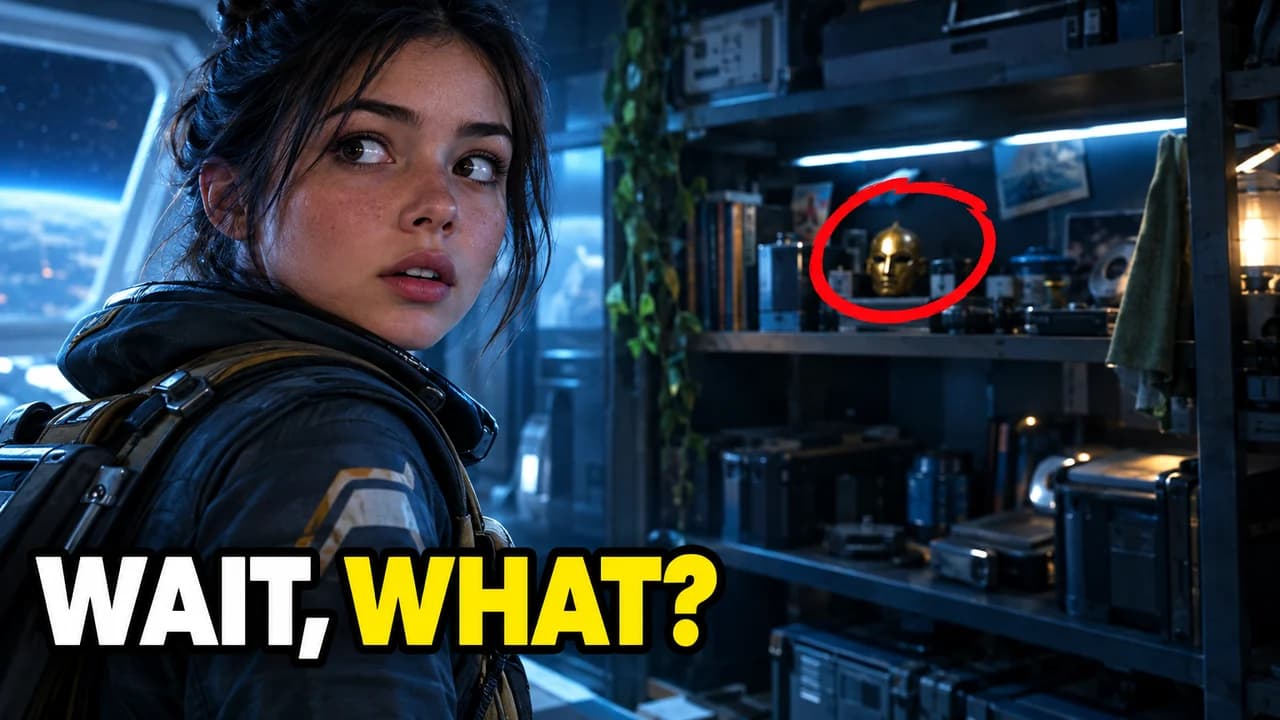 New Rockstars-style thumbnail: a young space pilot in the foreground, a tiny golden mask on a shelf behind her circled in red, text WAIT, WHAT?