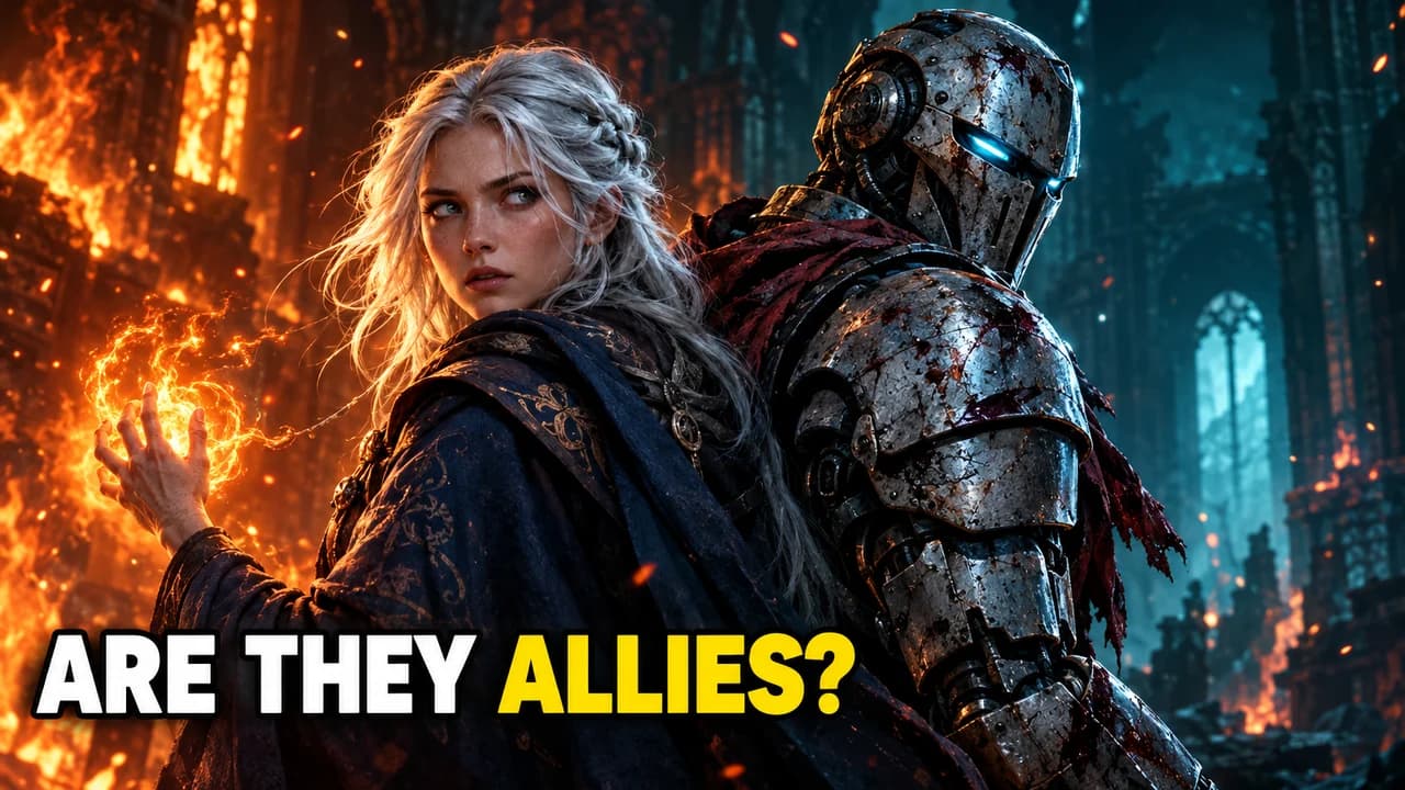 New Rockstars-style thumbnail: a sorceress and a robot knight back to back in a burning hall, text ARE THEY ALLIES?