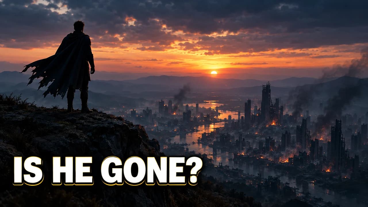 New Rockstars-style thumbnail: a caped hero seen from behind on a cliff over a ruined city at dusk, text IS HE GONE?
