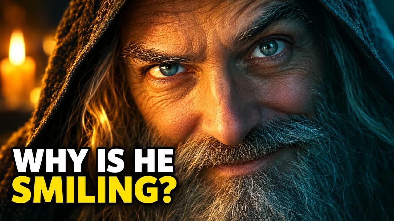 New Rockstars-style thumbnail: extreme close-up of a hooded, bearded wizard's sly smile and blue eyes by candlelight, text WHY IS HE SMILING?