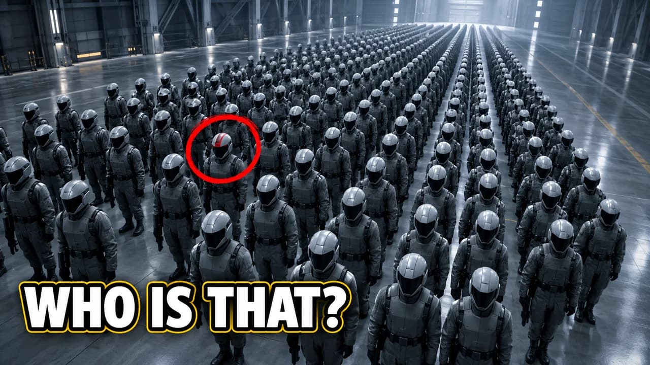 New Rockstars-style thumbnail: rows of grey-helmeted soldiers in a hangar, one helmet with a red stripe circled in red, text WHO IS THAT?