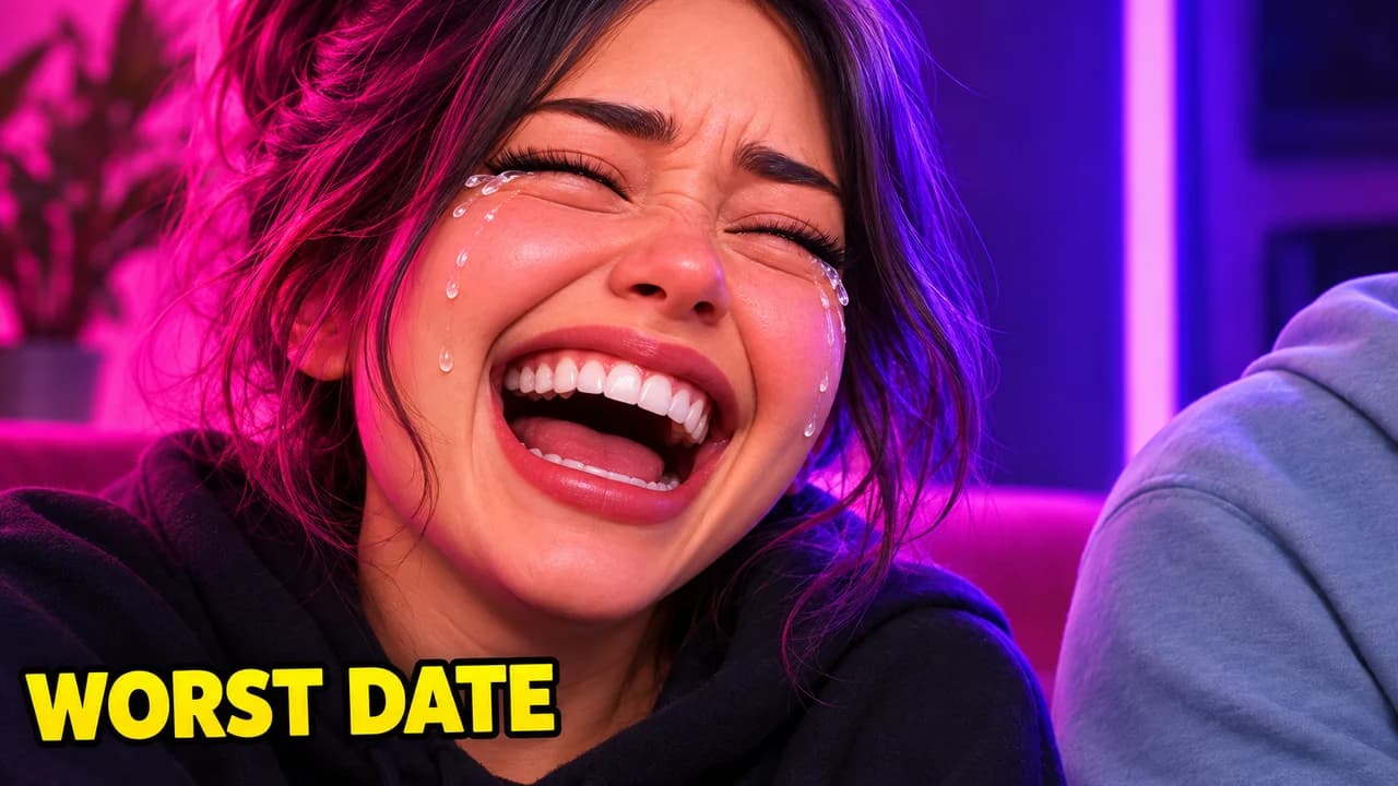 Podcast thumbnail: extreme close-up of a co-host crying with laughter under pink and purple neon, small text WORST DATE