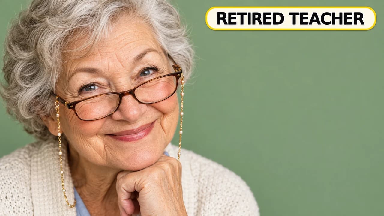 Podcast guest spotlight thumbnail: extreme close-up of a smiling retired teacher with glasses on a chain, small label RETIRED TEACHER