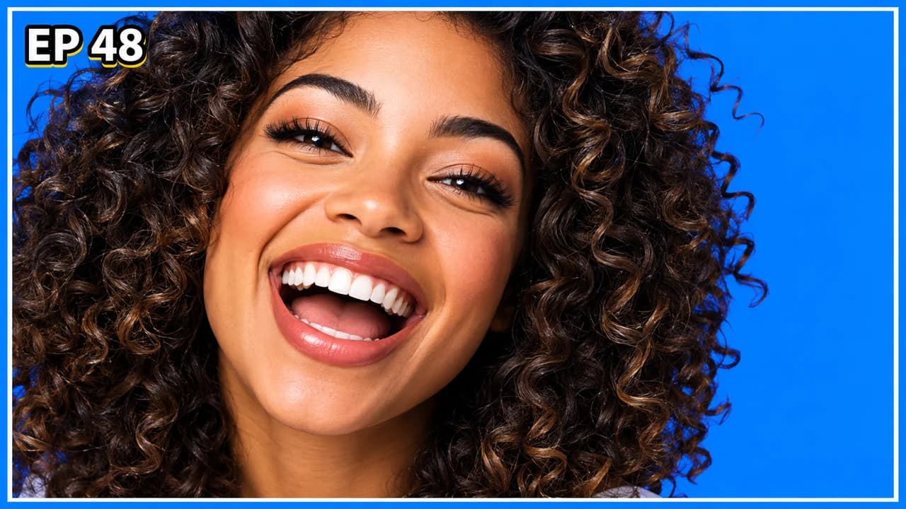 Podcast episode thumbnail: extreme close-up of a laughing woman with curly hair inside the same blue and white frame, small label EP 48