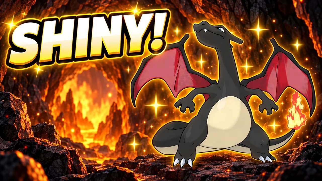 Pokémon thumbnail: a black shiny Charizard with red wings standing in a glowing lava cave, surrounded by gold sparkles, text SHINY!