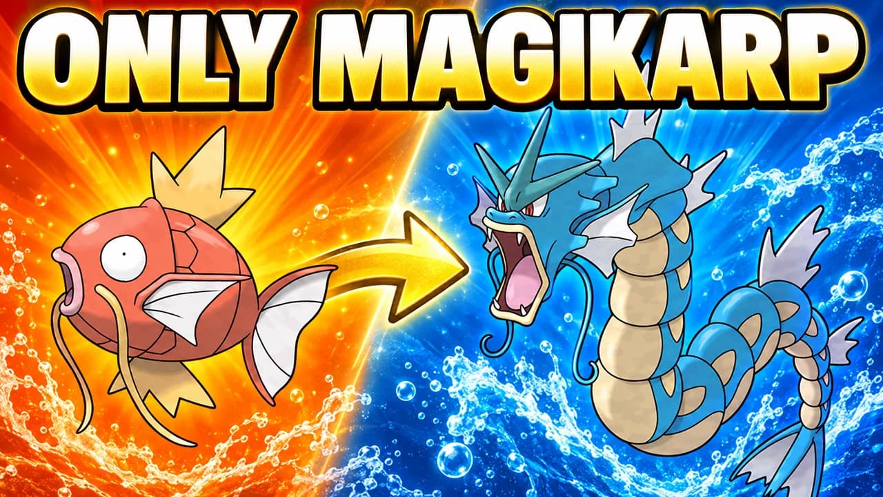 Pokémon thumbnail: Magikarp on an orange background, a gold arrow to a roaring Gyarados on blue water, text ONLY MAGIKARP