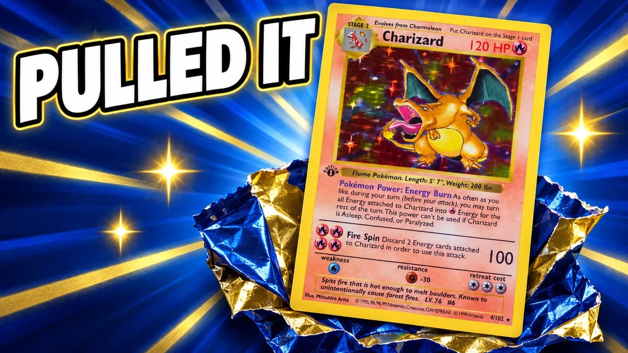 Pokémon thumbnail: a first edition Base Set holo Charizard card rising out of a torn blue and gold booster wrapper, gold sparkles, text PULLED IT