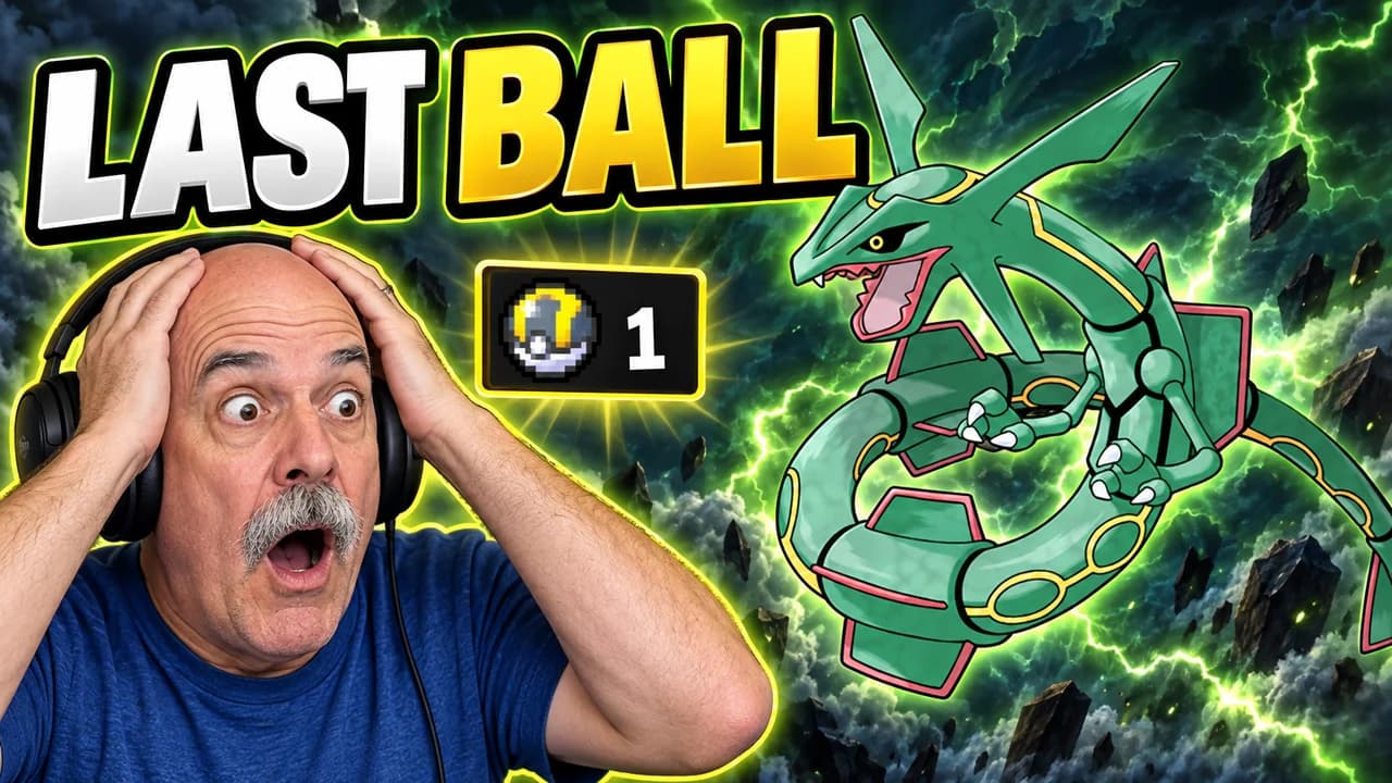 Pokémon thumbnail: an invented bald streamer with a moustache gripping his head, an Ultra Ball icon with 1, Rayquaza in a stormy sky, text LAST BALL