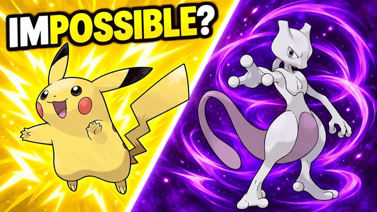 Pokémon thumbnail: a happy Pikachu on a yellow lightning background facing Mewtwo in swirling purple psychic light, text IMPOSSIBLE?