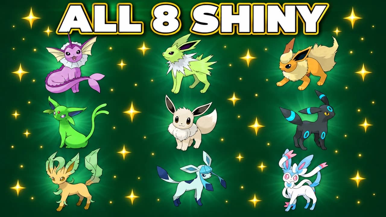 Pokémon thumbnail: shiny Eevee in the middle of a grid with its eight shiny evolutions on a sparkling green background, text ALL 8 SHINY