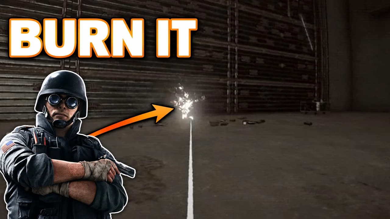 R6 thumbnail: Thermite with arms crossed, an orange arrow to sparks at the base of a huge reinforced wall in a dark warehouse, text BURN IT