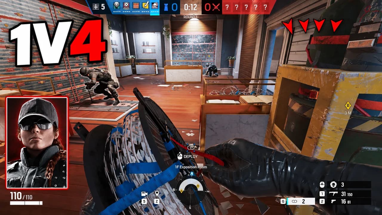 R6 thumbnail: first-person view behind a shield in a jewelry room, an enemy crouched ahead, an Ash portrait, four red markers, text 1V4