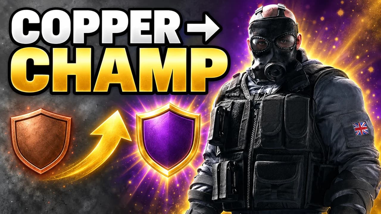 R6 thumbnail: Sledge in his gas mask on the right, a copper shield with a gold arrow to a glowing purple shield, text COPPER → CHAMP